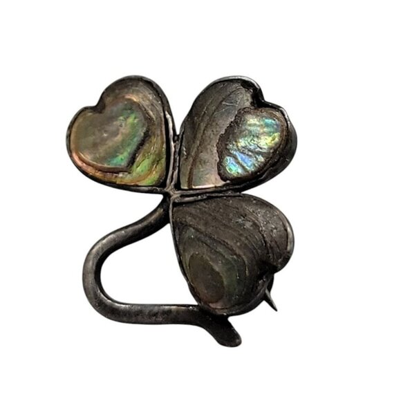 Sterling Abalone 3 Leaf Clover Pin Antique 925 C Clasp Small Silver Pin - Picture 4 of 8